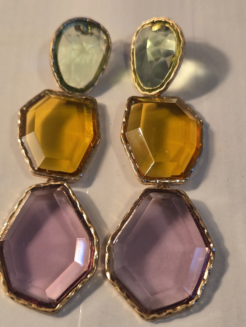 Gold-Trim Multi-Stone Drop Earrings in Yellow, Purple & Pale Green